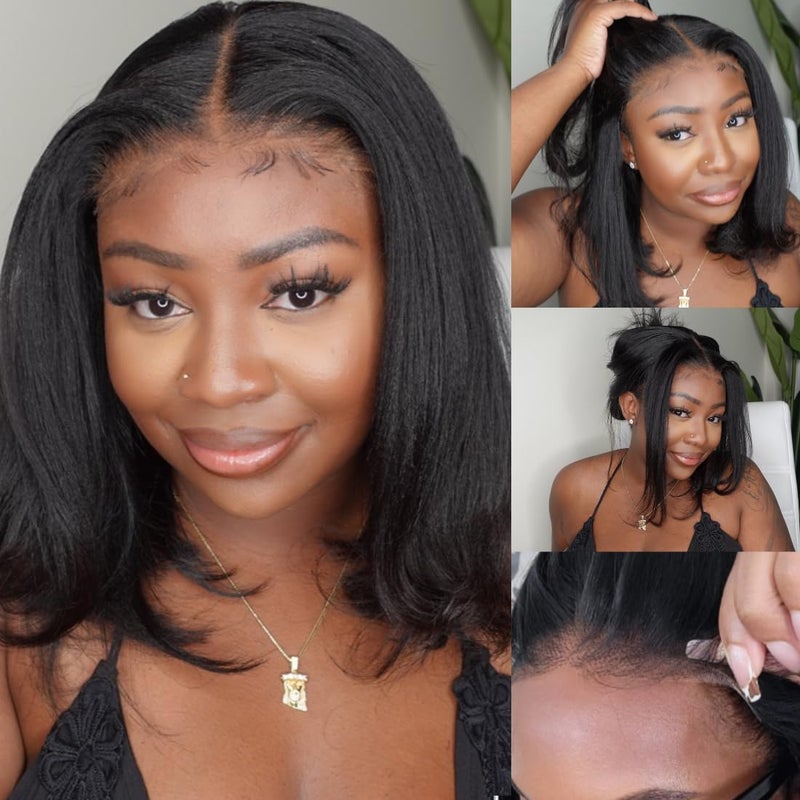 Nadula Bye Bye Knots Glueless Yaki Straight Bob 7x5 Lace Front Wigs Human Hair Pre Plucked Invisible Knots Pre Everything 3S Ready to Wear Short Yaki Bob Wigs Pre Cut 150 Density 14inch