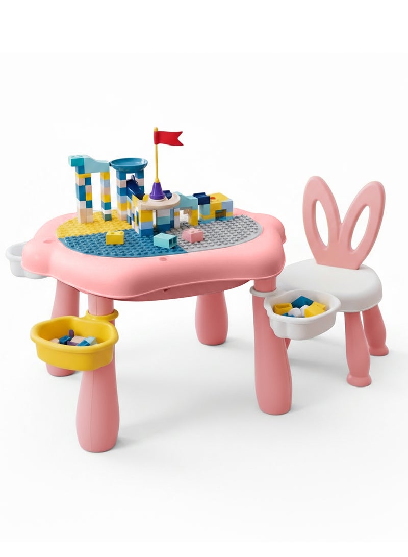بيبي طقم طاولة وكرسي دراسة متعدد الأنشطة للأطفال مع مكعبات بناء كبيرة متوافقة مع طاولة اللعب ومكعبات البناء | طقم طاولة متعدد الأنشطة للأطفال | طاولة دراسة للأطفال باللون الوردي - Image 1