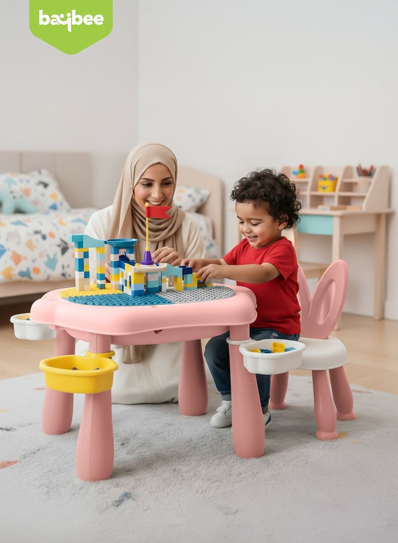 بيبي طقم طاولة وكرسي دراسة متعدد الأنشطة للأطفال مع مكعبات بناء كبيرة متوافقة مع طاولة اللعب ومكعبات البناء | طقم طاولة متعدد الأنشطة للأطفال | طاولة دراسة للأطفال باللون الوردي - Image 3