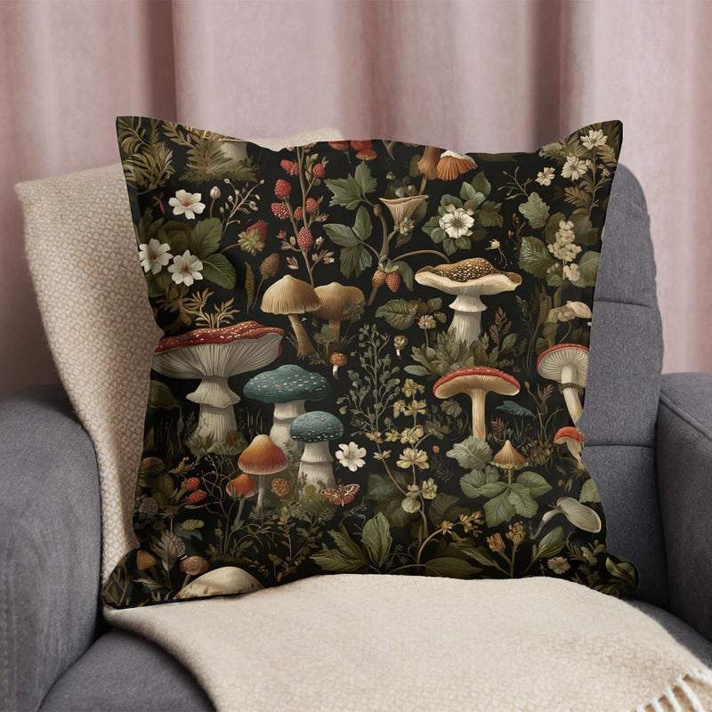 RBAFAO Vintage Floral Dragonfly Throw Pillow Cover 18x18 - William Morris Inspired Botanical Farmhouse Decor | Indoor Outdoor Cushion Case for Sofa Couch Bed Living Room Bedroom Home (Beige-Mushroom) - Image 2