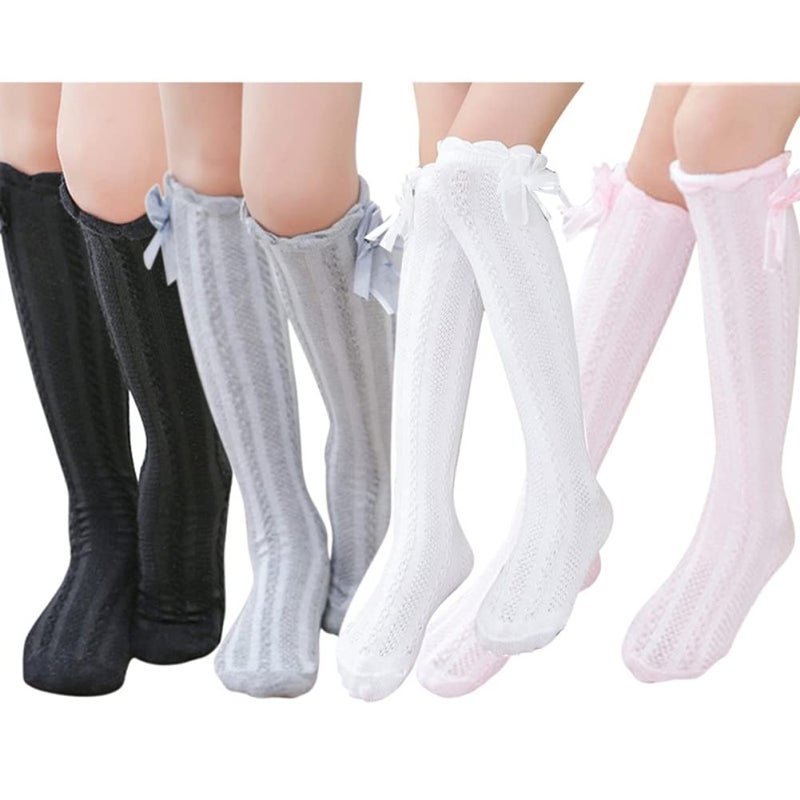 Toptim Little Girl's Knee High Socks Over Calf Kids Overknee Stockings Bow Style 3-12T(Pink/White/Grey/Black) - Image 1