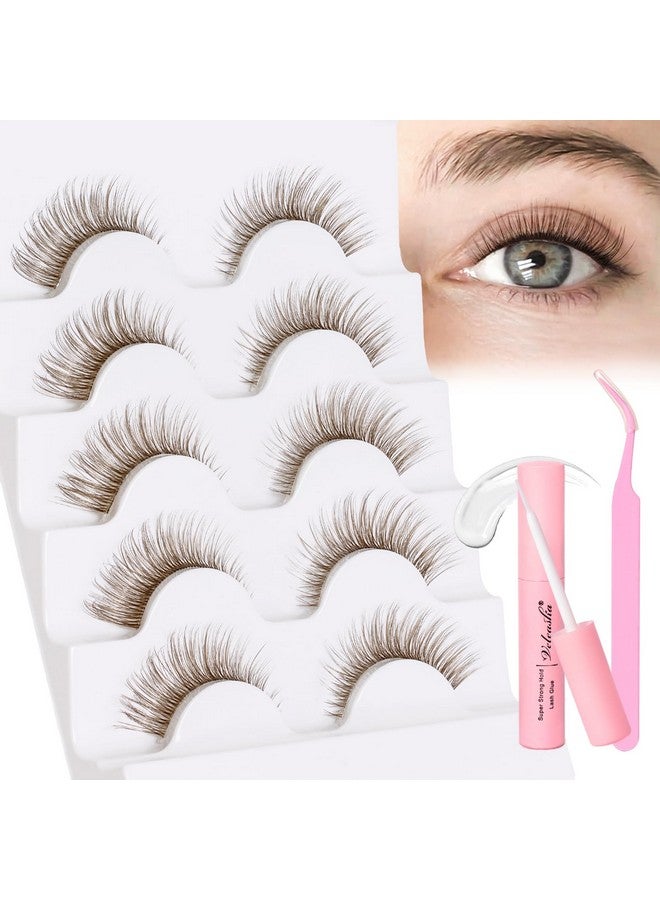 Veleasha Brown Lash Kit With Glue & Tweezer Cat Eye Lashes Natural Look 3D Fake Eyelashes With Clear Band Brown Wispy Eyelashes Lightweight & Soft Brown Eye Lashes 5 Pairs Pack Eyelash Kit (Brown 01) - Image 1