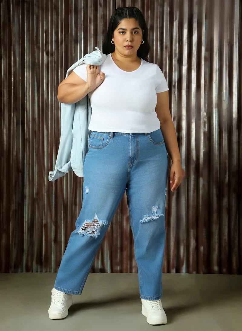 HIGH STAR Women's Indigo 100% Cotton Distressed Full Length Plus Size Mom Fit Jeans