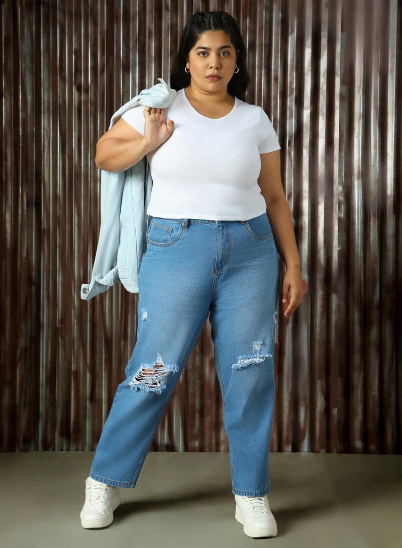 HIGH STAR Women's Indigo 100% Cotton Distressed Full Length Plus Size Mom Fit Jeans - Image 4