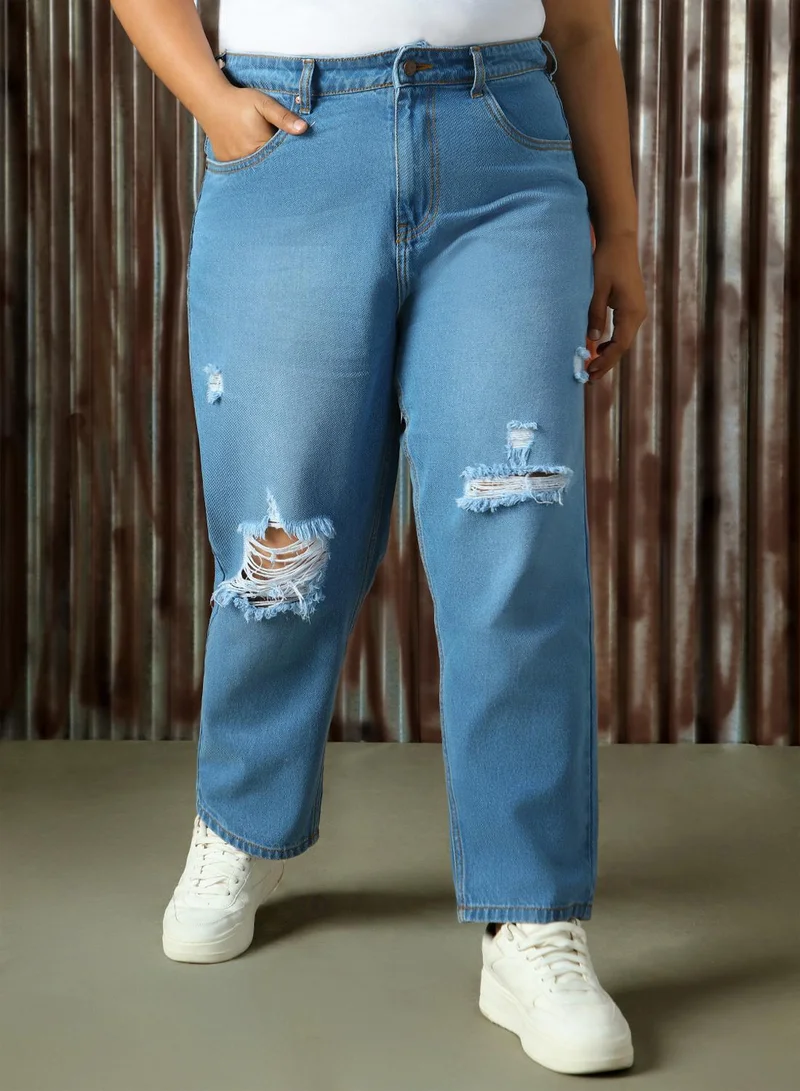 HIGH STAR Women's Indigo 100% Cotton Distressed Full Length Plus Size Mom Fit Jeans
