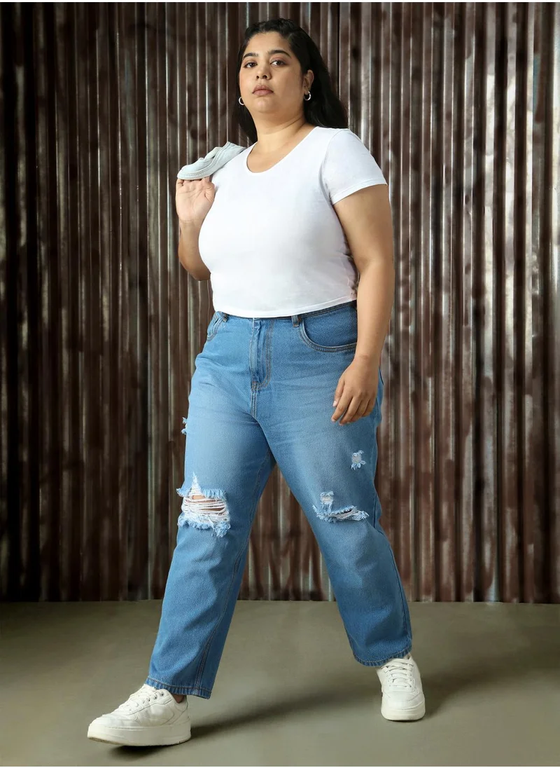 هاي ستار Women's Indigo 100% Cotton Distressed Full Length Plus Size Mom Fit Jeans