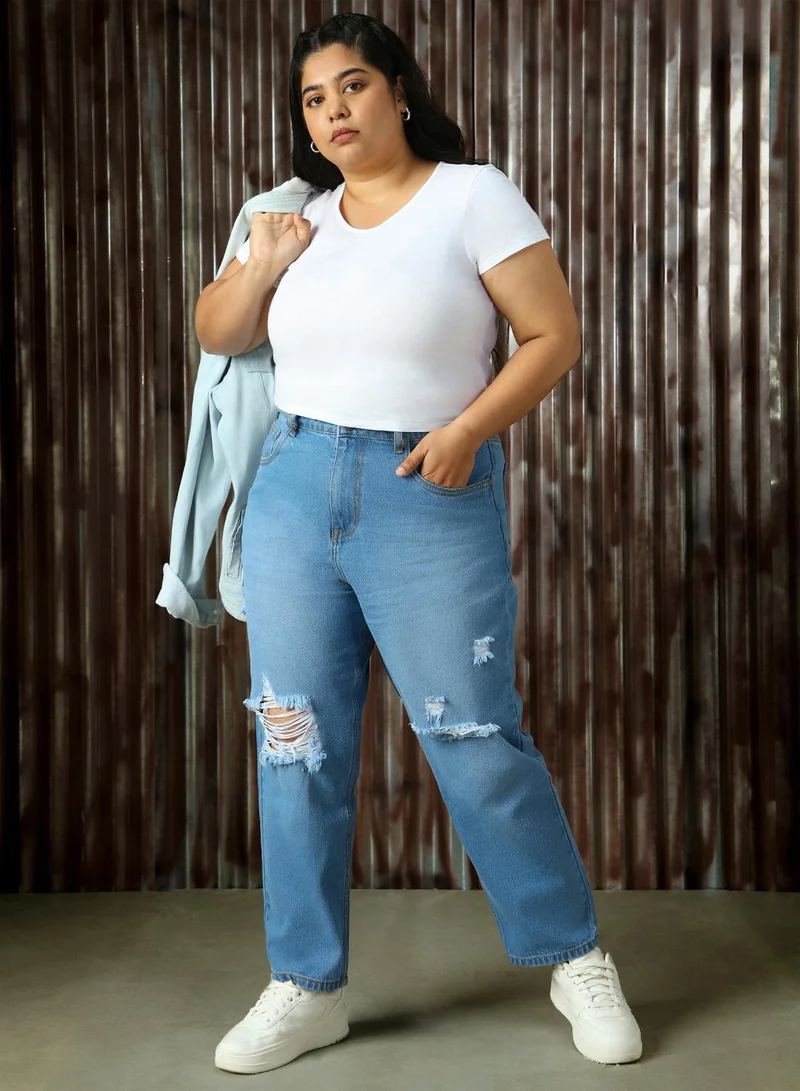 HIGH STAR Women's Indigo 100% Cotton Distressed Full Length Plus Size Mom Fit Jeans
