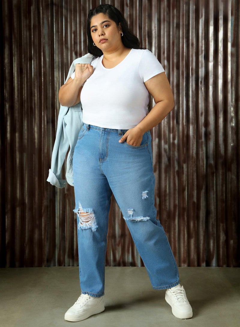 HIGH STAR Women's Indigo 100% Cotton Distressed Full Length Plus Size Mom Fit Jeans - Image 5