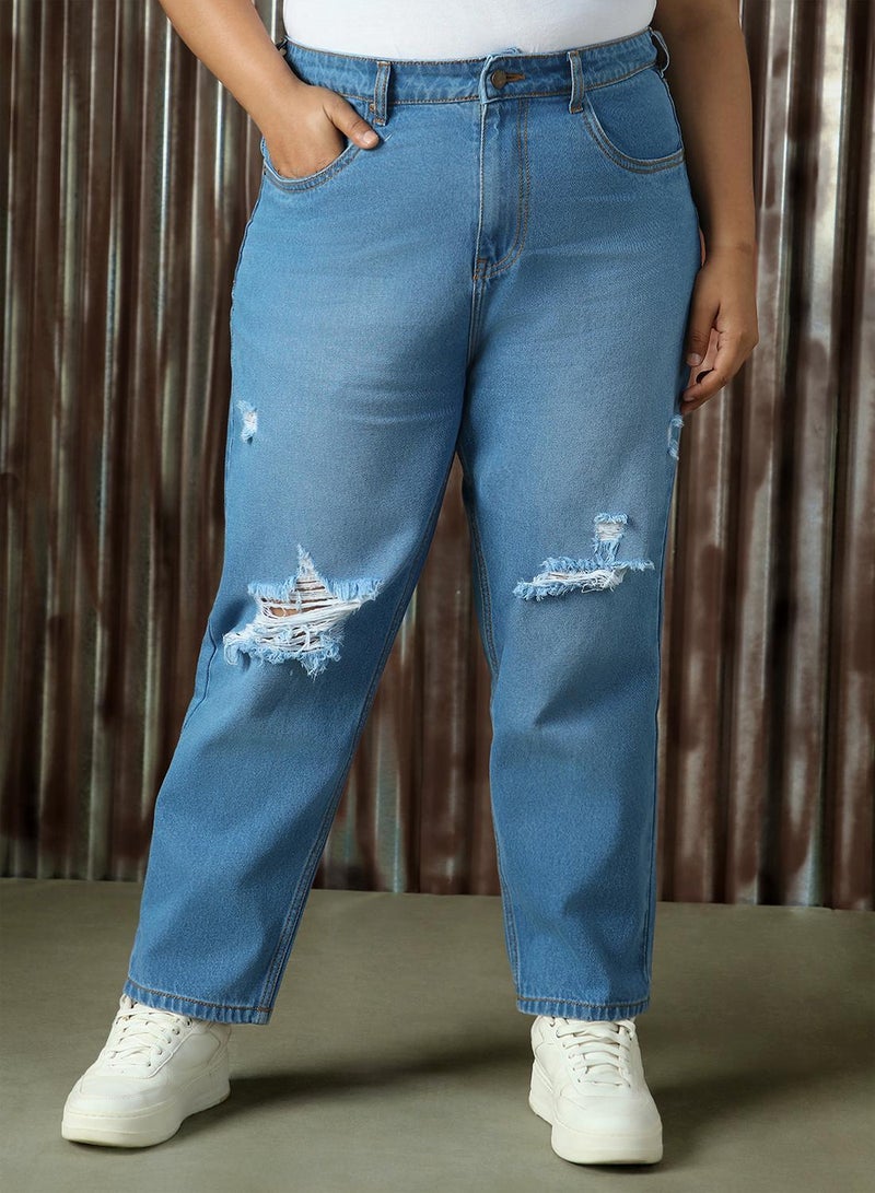 HIGH STAR Women's Indigo 100% Cotton Distressed Full Length Plus Size Mom Fit Jeans - Image 3