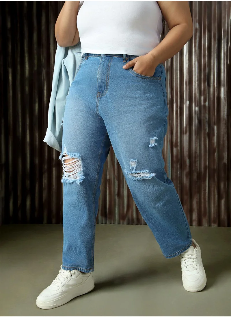 هاي ستار Women's Indigo 100% Cotton Distressed Full Length Plus Size Mom Fit Jeans
