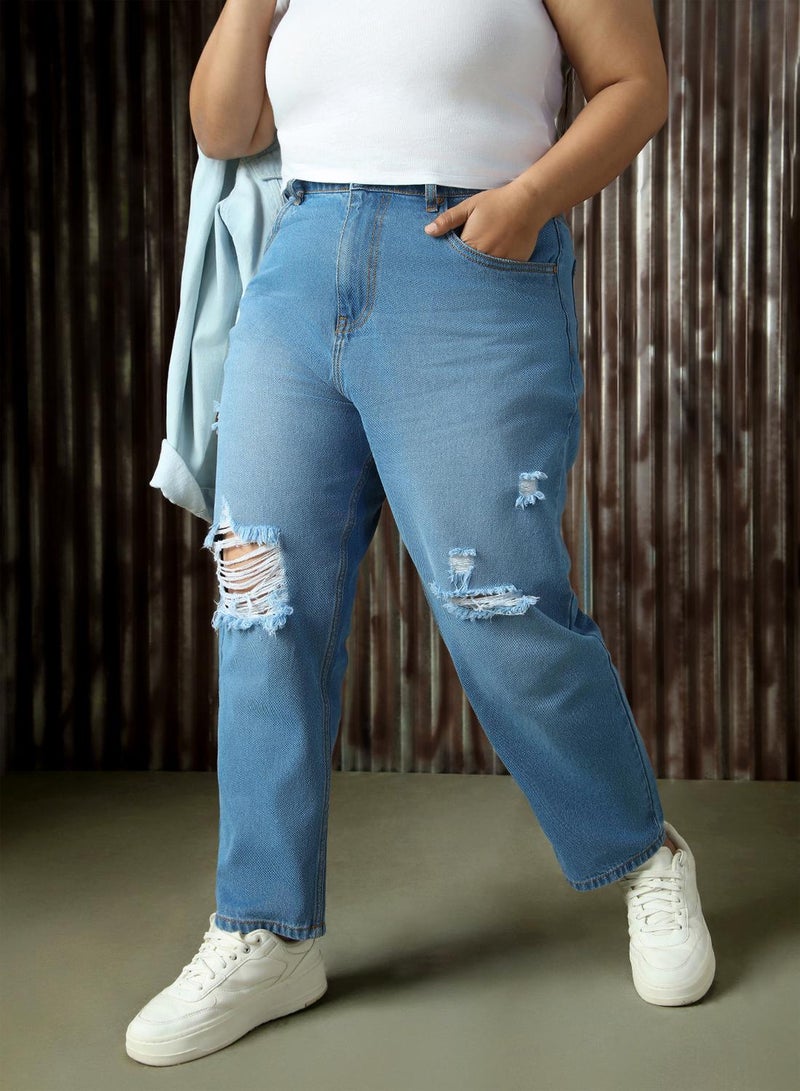 HIGH STAR Women's Indigo 100% Cotton Distressed Full Length Plus Size Mom Fit Jeans - Image 2