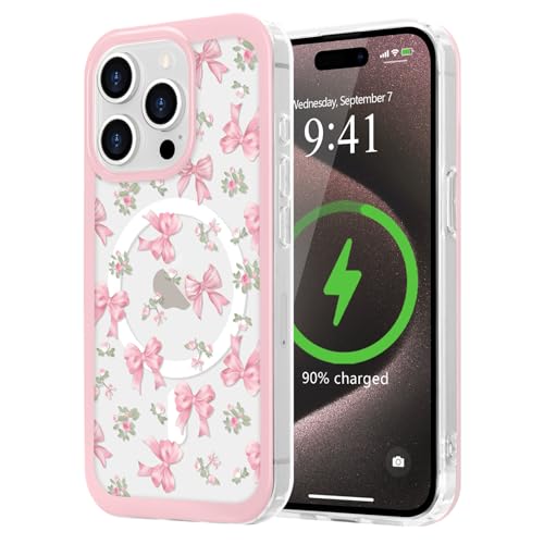 LCHULLE Magnetic for iPhone 15 Pro Max Case Cute Pink Bows Compatible with Magsafe Clear Ribbon Bowknot Pattern for Women Girls Hard Back Cover Shockproof Phone Case for iPhone 15 Pro Max Rose Bows - Image 1