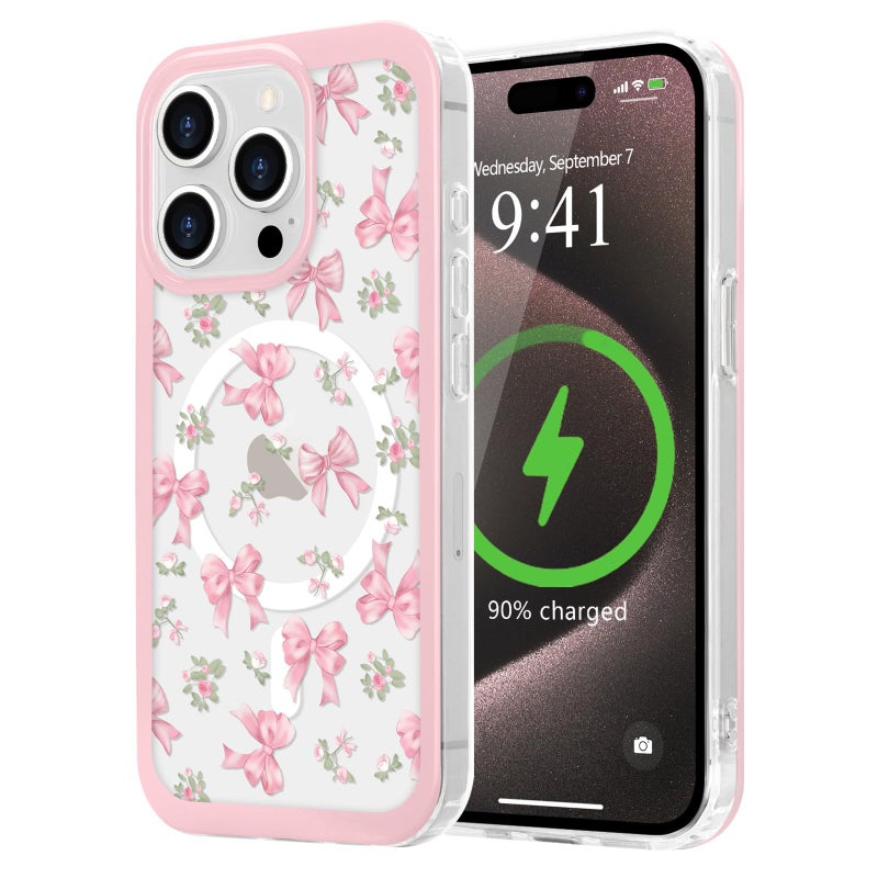 LCHULLE Magnetic for iPhone 15 Pro Max Case Cute Pink Bows Compatible with Magsafe Clear Ribbon Bowknot Pattern for Women Girls Hard Back Cover Shockproof Phone Case for iPhone 15 Pro Max Rose Bows - Image 3