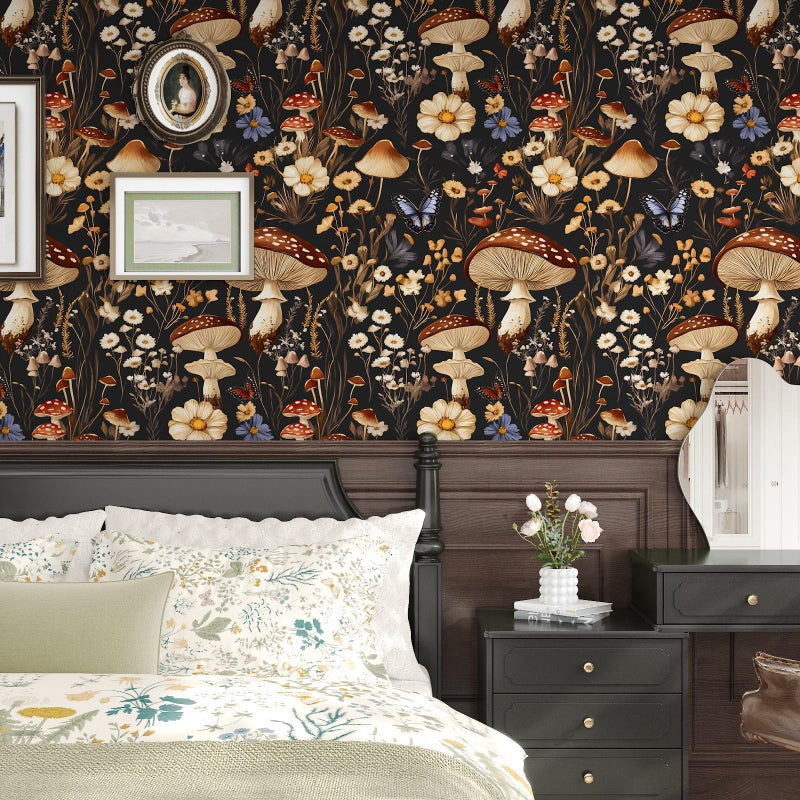 BOKEBEVE Peel and Stick Wallpaper Mushroom Wallpaper Vintage Floral Contact Paper Leaf Wall Paper for Shelf Liner Backsplash Living Room Renter Friendly Removable 17.5 x 118In - Image 5