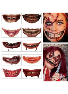 HOXIEYA Halloween Tattoo Stickers 10PCS Clown Horror Mouth Tattoo Stickers Decal, Halloween Temporary Tattoos Face Body Makeup Decals Prank Props for Halloween Cosplay Party Decorations  - Image 1