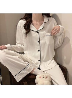 ins style simple Korean version of long sleeve pajamas womens autumn 2022 New Girls High-end home clothing pants suitWhite pit strips-KS White pit strips-KS