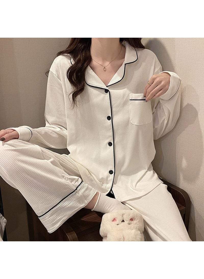 Generic - ins style simple Korean version of long sleeve pajamas womens autumn 2022 New Girls High-end home clothing pants suitWhite pit strips-KS White pit strips-KS - Image 1