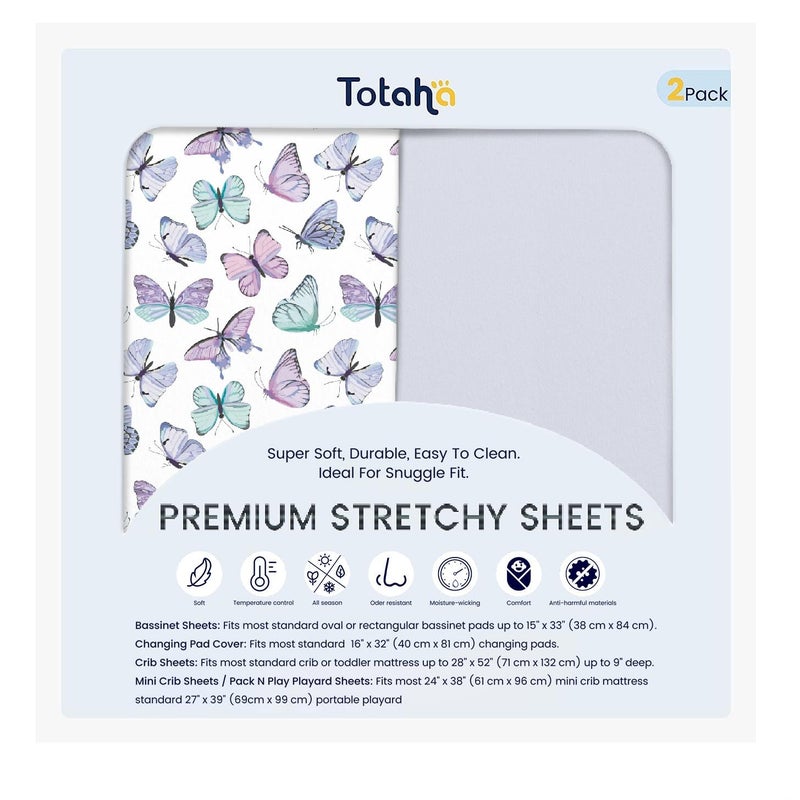 TotAha Premium Soft Pack n Play Sheets, Super Stretchy Jersey Knit Mini Crib Sheets Fitted, Silky Comfort Graco Pack and Play Mattress Sheets 2-Pack, Purple Butterfly - Image 1