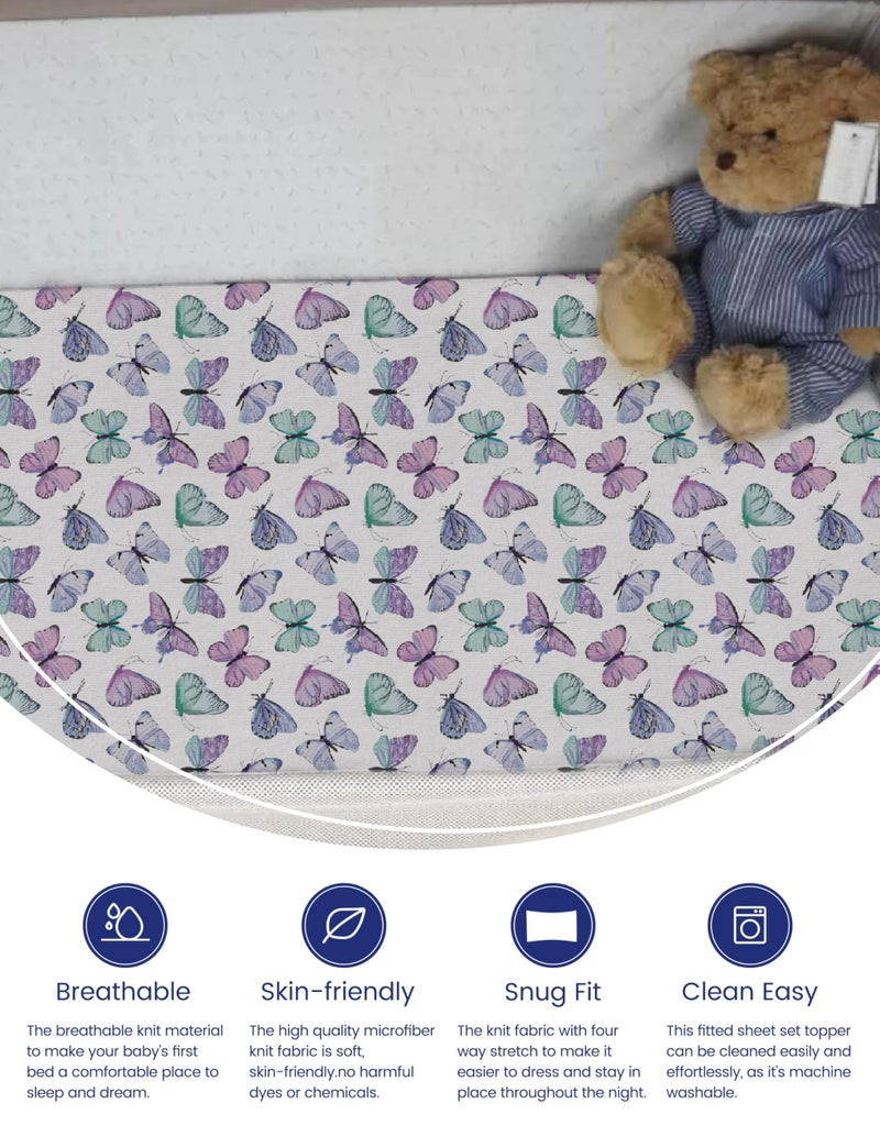 TotAha Premium Soft Pack n Play Sheets, Super Stretchy Jersey Knit Mini Crib Sheets Fitted, Silky Comfort Graco Pack and Play Mattress Sheets 2-Pack, Purple Butterfly - Image 2