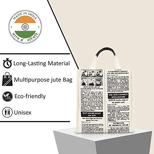 Jute Cottage Eco-Friendly Lunch & Grocery Bag for Men & Women | 12x12x7 in Jute with Newspaper Print | Handcrafted Sustainable Tiffin & Carry Tote for Office, Travel, Daily Use - Image 2