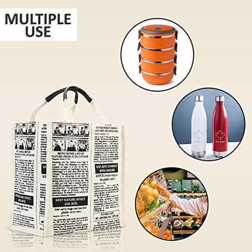 Jute Cottage Eco-Friendly Lunch & Grocery Bag for Men & Women | 12x12x7 in Jute with Newspaper Print | Handcrafted Sustainable Tiffin & Carry Tote for Office, Travel, Daily Use - Image 3