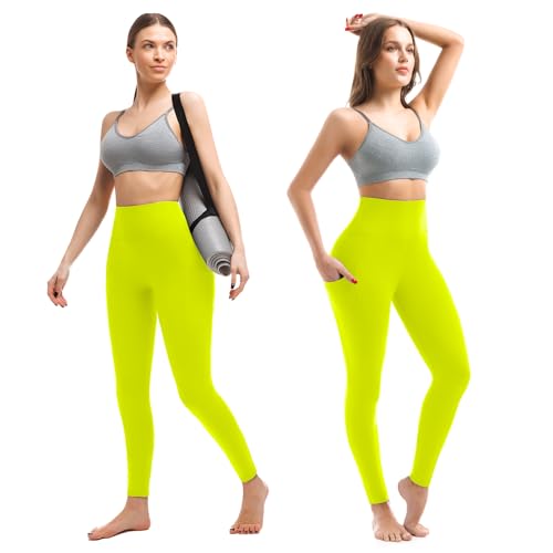 Walifrey Leggings with Pockets for Women, High Waisted Buttery Soft Womens Leggings for Gym Yoga Workout (Neon Yellow LXL) - Image 2