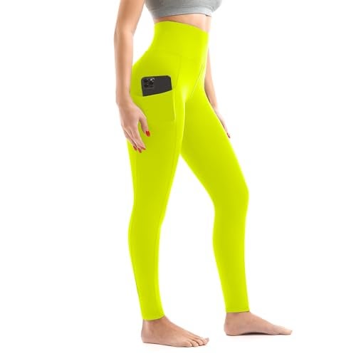 Walifrey Leggings with Pockets for Women, High Waisted Buttery Soft Womens Leggings for Gym Yoga Workout (Neon Yellow LXL) - Image 1