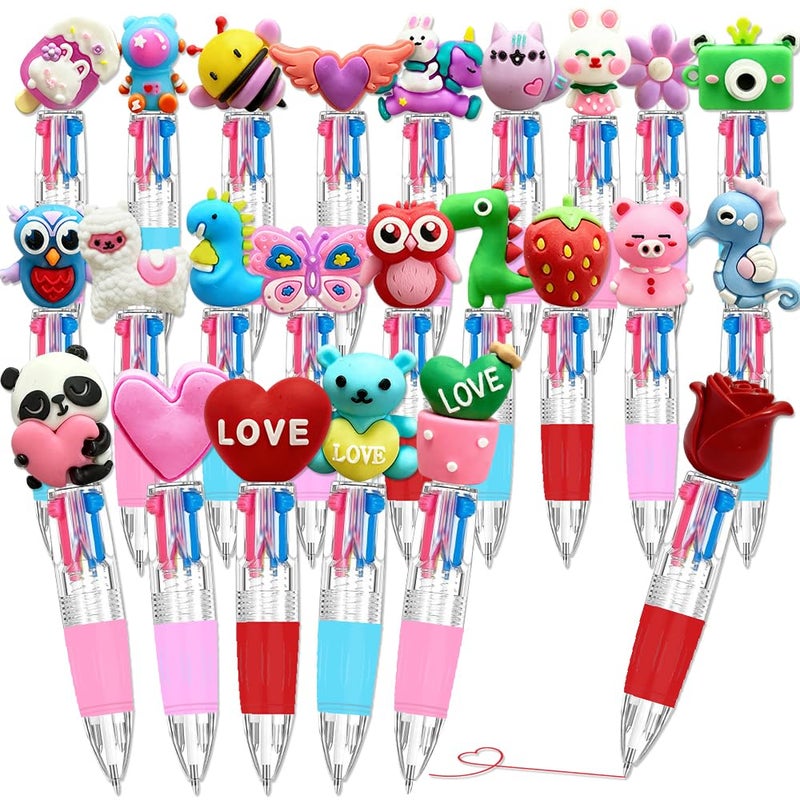BAISDY 24Pcs Mini Valentine's day Pen Fun Pens, Heart Cute Animal Ballpoint Pens 4 colors in 1 for Home Office Party Supplies - Image 1