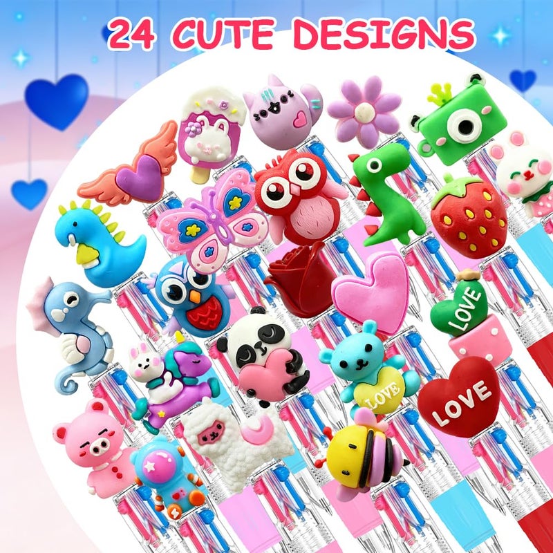 BAISDY 24Pcs Mini Valentine's day Pen Fun Pens, Heart Cute Animal Ballpoint Pens 4 colors in 1 for Home Office Party Supplies - Image 3
