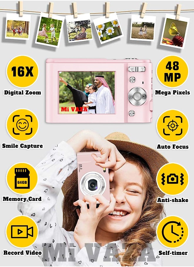 Mi VAZA Autofocus Digital Camera for Kids - FHD 1080P 48MP - Rechargeable Compact Mini Camera with 16X Digital - Portable Pocket Camera - With 64GB Memory Card  - Image 1