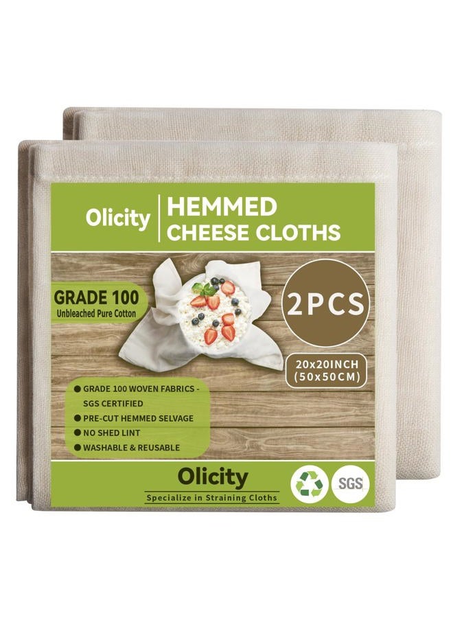 Olicity Cheesecloth, Grade 100, 20x20Inch Hemmed Cheese Cloths Reusable, 100% Unbleached Strainer Muslin Cloth for Cooking, Straining, Jelly Making - 2 Pieces - Image 1