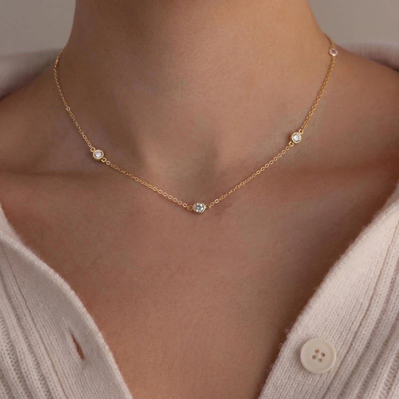 Tewiky 14K Gold Plated Choker Cubic Zirconia Necklace with CZ Bezel Simple Trendy Gold Plated Jewelry for Women - Image 2