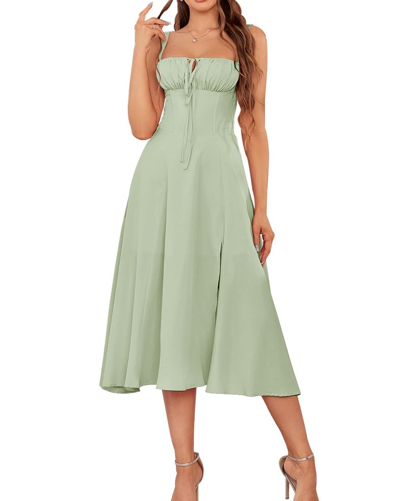 GLNEGE Women Summer Corset Midi Dress 2026 Floral Wedding Guest Flowy Slit Lace Up Dresses Tea Party A Line Casual Milkmaid Sundress - Image 1
