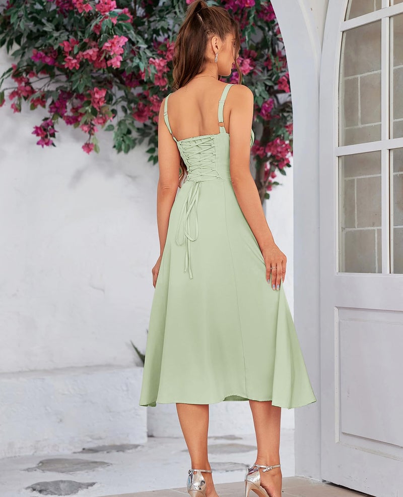 GLNEGE Women Summer Corset Midi Dress 2026 Floral Wedding Guest Flowy Slit Lace Up Dresses Tea Party A Line Casual Milkmaid Sundress - Image 3