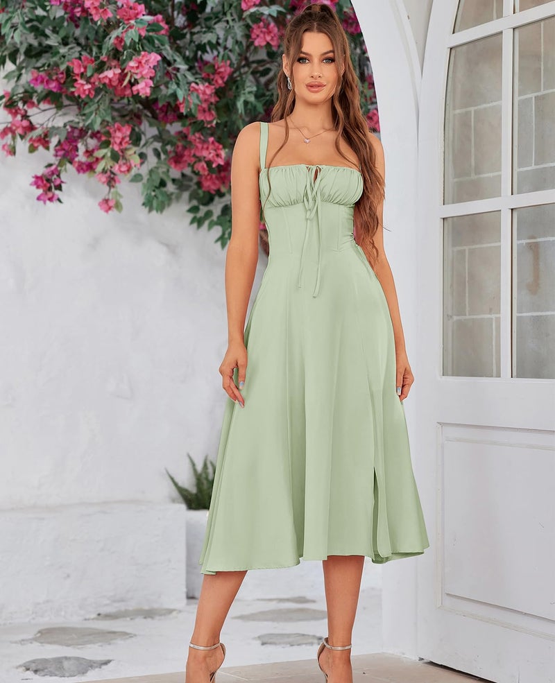 GLNEGE Women Summer Corset Midi Dress 2026 Floral Wedding Guest Flowy Slit Lace Up Dresses Tea Party A Line Casual Milkmaid Sundress - Image 2