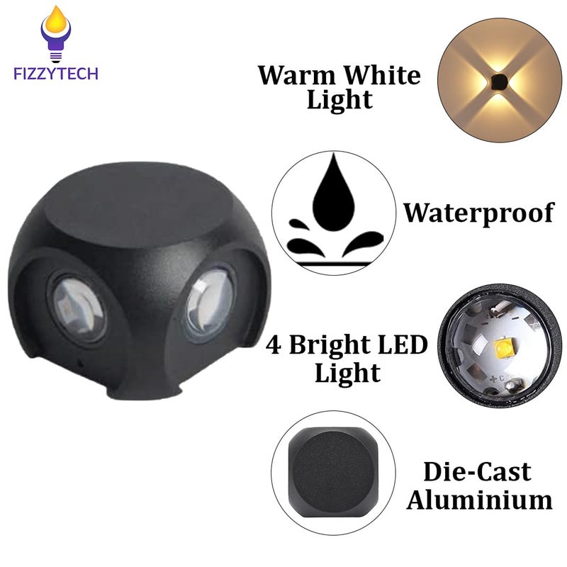 fizzytech مصباح حائط خارجي LED 12W من البلاستيك والمعدن والأكريليك | إضاءة 4 اتجاهات لأعلى ولأسفل/يسار ويمين | جسم مقاوم للماء والصدمات | تركيبة مثبتة على الحائط لغرفة النوم والحديقة وزينة المنزل (أبيض دافئ) - Image 3
