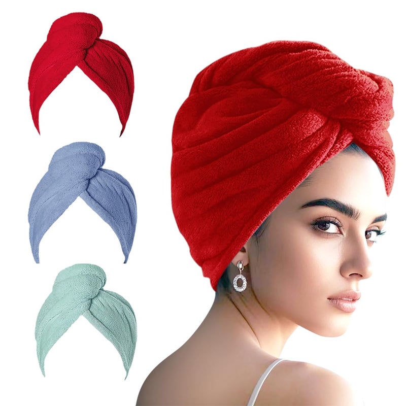 AGKXHDEC Microfiber Hair Drying Towel Wrap for Women, Hair Turbans Towel for Wet Hair,turbie Twist Hair Towels(The Color of The Picture is for Reference only) (Light Green,Red,Dark Blue) - Image 1