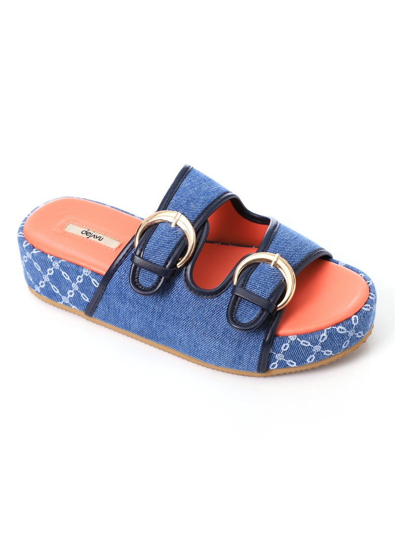 DejaVu - Double Circular Buckles Textured Bi-Toned Slippers - Image 1