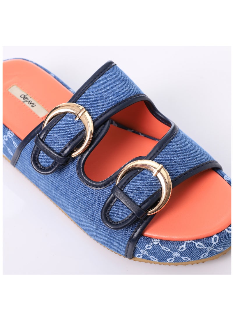 DejaVu - Double Circular Buckles Textured Bi-Toned Slippers - Image 1
