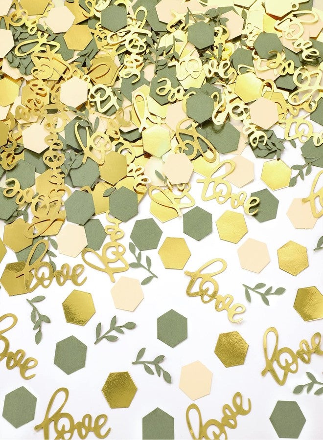 Minatee 400 Pcs Wedding Confetti Decorations, Sage Olive Green Confetti Romantic Table Confetti Dots with Eucalyptus and Gold Love Confetti for Wedding Decor - Image 1