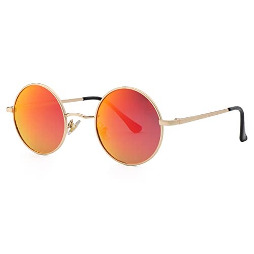 Gleyemor Polarized Small Round Sunglasses for Men Women Hippie Circle Red Yellow Glasses (Gold/Red Mirror) - Image 1