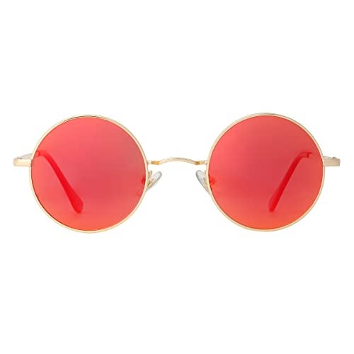 Gleyemor Polarized Small Round Sunglasses for Men Women Hippie Circle Red Yellow Glasses (Gold/Red Mirror) - Image 2