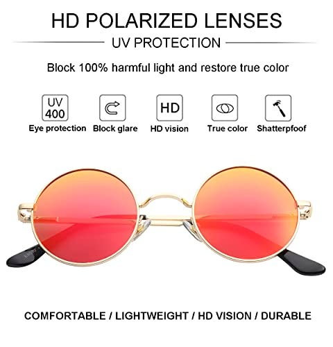 Gleyemor Polarized Small Round Sunglasses for Men Women Hippie Circle Red Yellow Glasses (Gold/Red Mirror) - Image 3