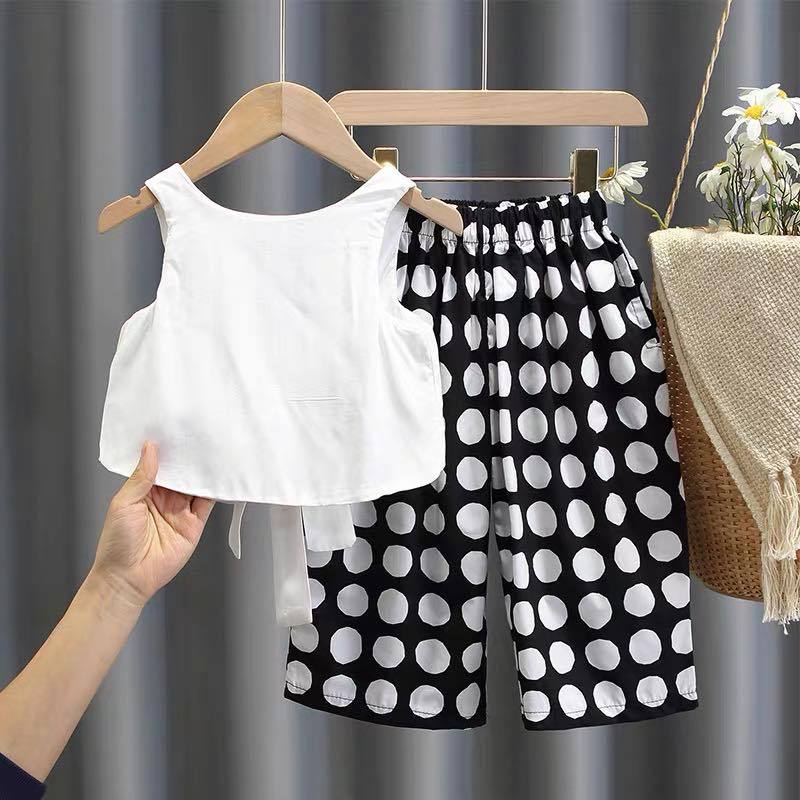 Girls Summer Western Style Suit Childrens Fashionable Summer Childrens Vest Short-sleeved T-shirt Wide-leg Pants Internet Celebrity Two-piece Set White