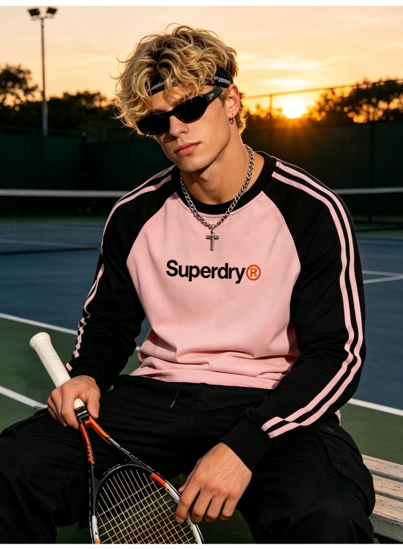سوبر دراي Superdry with LOGO long-sleeved cotton T-shirt, casual color matching round neck shirt, striped side details, loose for men and women. - Image 5