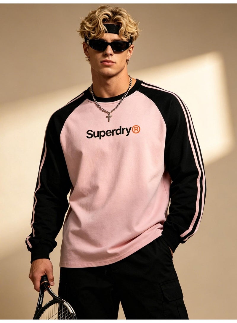 سوبر دراي Superdry with LOGO long-sleeved cotton T-shirt, casual color matching round neck shirt, striped side details, loose for men and women. - Image 1