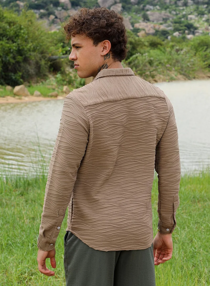 CAHOOT  Men's Mocha Brown Self-Design Wave Shirt For Casual Wear | Spread Collar | Long Sleeve | Button Closure | Shirt Crafted With Comfort Fit For Everyday Wear for Men | Best Price UAE