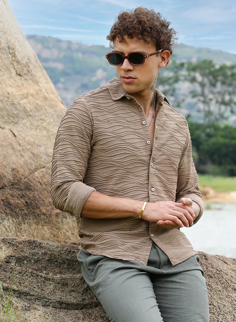 Campus Sutra Men's Mocha Brown Self-Design Wave Shirt For Casual Wear | Spread Collar | Long Sleeve | Button Closure | Shirt Crafted With Comfort Fit For Everyday Wear