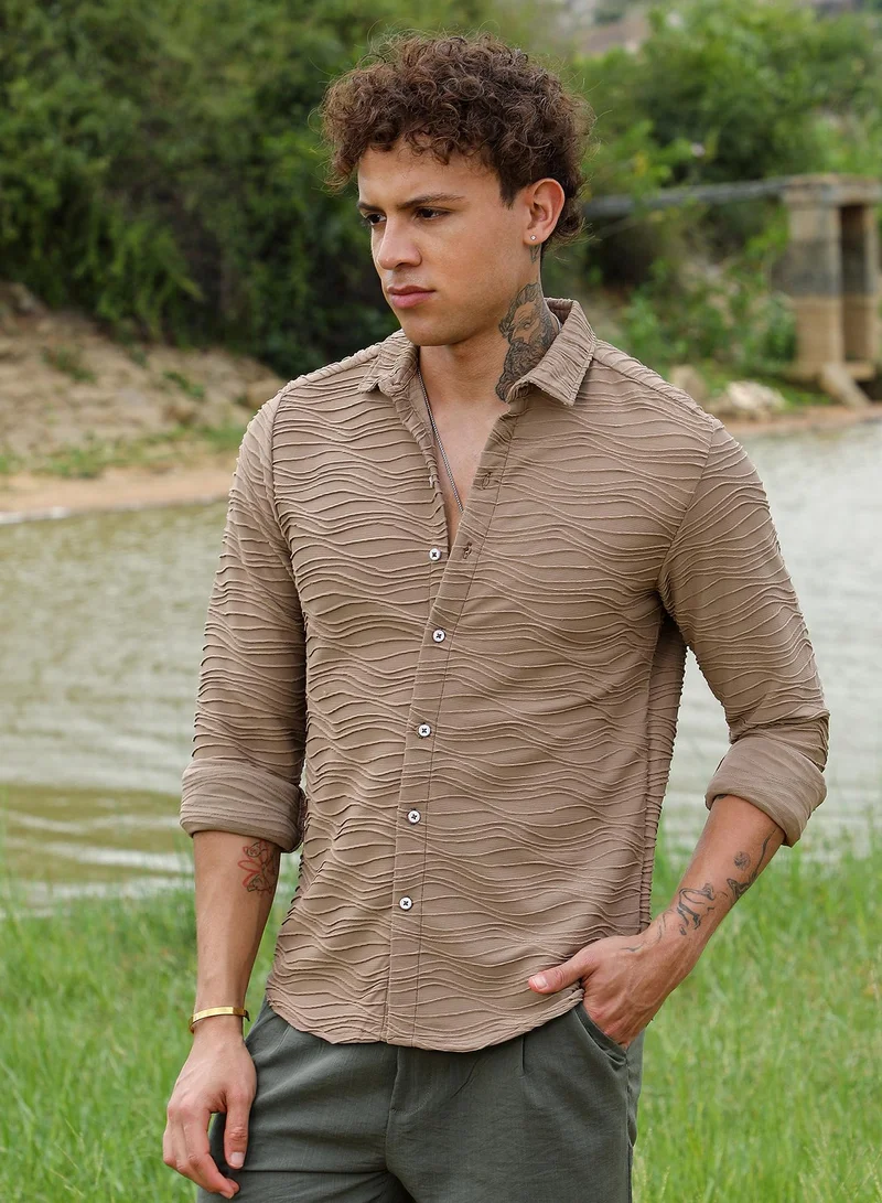 CAHOOT  Men's Mocha Brown Self-Design Wave Shirt For Casual Wear | Spread Collar | Long Sleeve | Button Closure | Shirt Crafted With Comfort Fit For Everyday Wear for Men | Best Price UAE