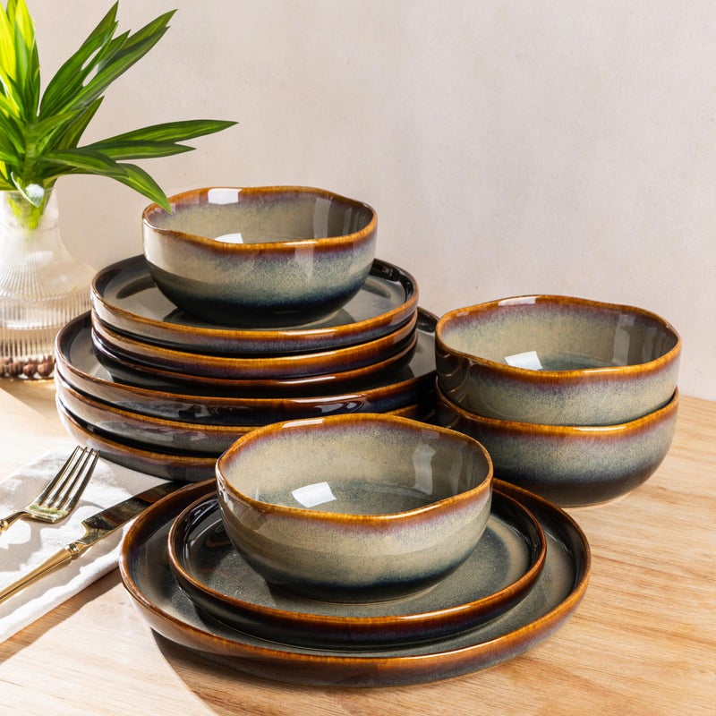TheTerra Ceramic Dinnerware Sets for 4, 12 Pieces Porcelain Lightweight Plates and Bowls Sets, Scratch Resistant Dish Set, Oven & Microwave & Dishwasher Safe, Coffee Bean - Image 1